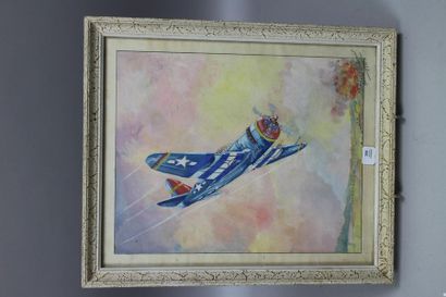 null Republic P-47 THUNDERBOLT en vol. Aquarelle et gouache sur papier signée en...