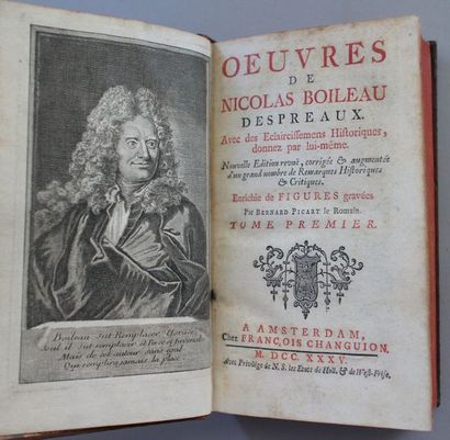 null . BOILEAU (Nicolas) : Œuvres. Amsterdam, 1735 ; 4 vol. in-12, reliure de l’époque....