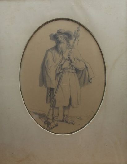 null RENÉ C. XIXe, Pèlerin sur le chemin, août 1854, crayon noir sur papier beige...