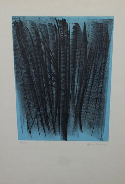 null Hans HARTUNG (1904-1989) : « Composition noire sur fond bleu ». Lithographie...