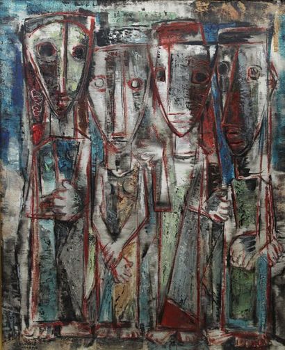 null Rosario MORENO (né en 1920) : « Quatre personnages stylisés ». Huile sur toile...