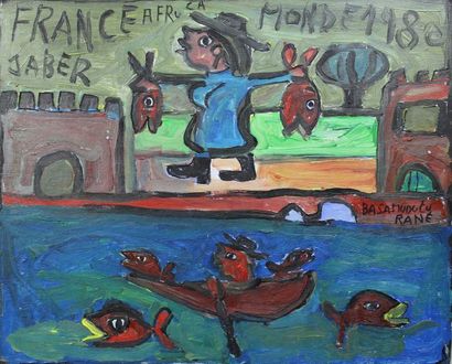 null JABER (né en 1938) : « La Marchande de poissons ». Acrylique sur carton toile....