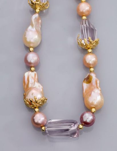 null Collier en vermeil 925, serti de perles de culture roses baroques diamètre 13/15...