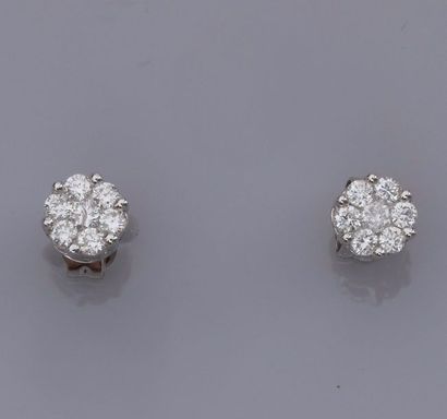 null Paire de clous en or gris 750°/00 (18K), sertis de diamants taille brillant...