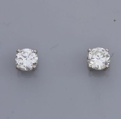 null Paire de puces en or gris 585°/00 (14 K), chacune est sertie d'un diamant taille...