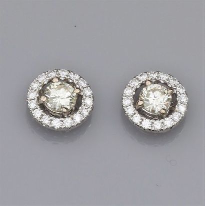   Paire de boucles d'oreilles rondes en or gris 750°/00, serties chacune d'un diamant...