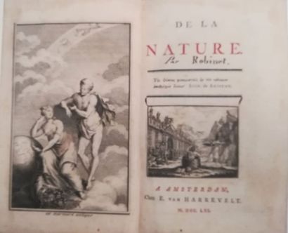 null ROBINET

De La Nature

À Amsterdam, Chez Harrevelt, 1761, in-8, cartonnage papier...