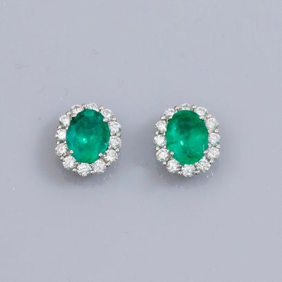   Paire de boucles d'oreilles en or gris 750°/00 (18K), serties d'émeraudes ovales...