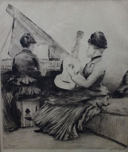null Norbert GOENEUTTE (1854-1894) : « La séance de musique, 1886 ». Eau forte. Signature...