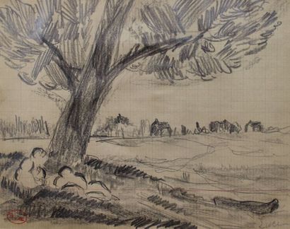 null LUCE Maximilien, 1858-1941, Couple sous un arbre, mine de plomb sur papier quadrillé,...