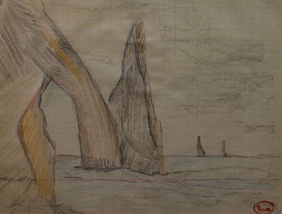 null LUCE Maximilien, 1858-1941, Étretat, le rocher dressé, mine de plomb et crayons...