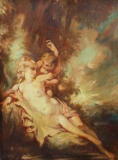 null Louis ANQUETIN (1861-1932) : « Venus et l’Amour ». Huile sur panneau (craquelures...