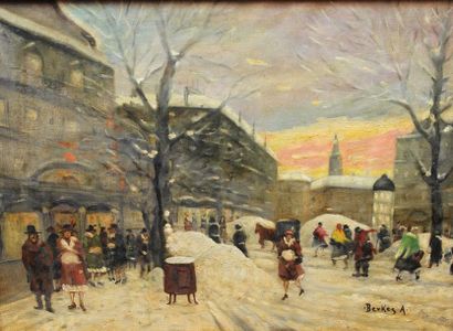 null Antal BERKES (1874-1938) : La Place sous la neige ». Huile sur toile signée...