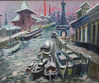 null Auguste CLERGE (1891-1963) : « Péniches en bord de Seine ». Huile sur panneau...