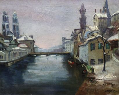 null Auguste CLERGE (1891-1963) : « Les bords du canal sous la neige ». Huile sur...