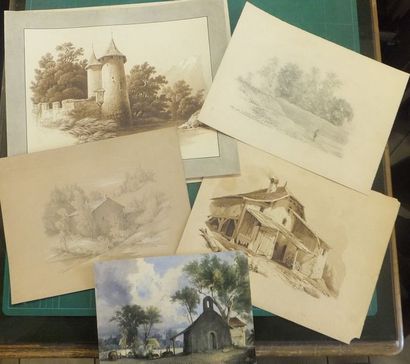 null M. STEINLEN - 5 AQUARELLES XIXème siècle - Eglise (175x245mm), maison (228x304mm)...