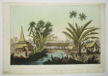 null INDONESIE - LES MOLUQUES - (VUE d'un Village sur l'Île de BOUROU). XIXème. Gravure...