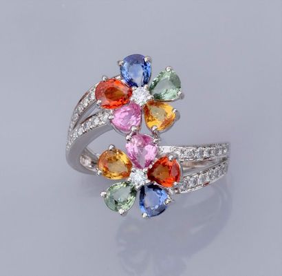 null Bague croisée en or gris 750°/00 (18K), sertie de saphirs multicolores pour...