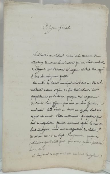 null 

STRASBOURG

Rapport au Citoyen Général. (1793), in-4, [2] ff. n. ch. 

Rare...
