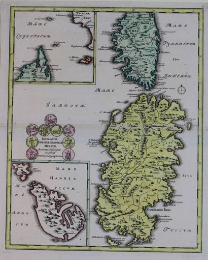 null CORSE, SARDAIGNE, MALTE. Insularum Corsicae Sardinae Melitae. 1720. Carte éditée...