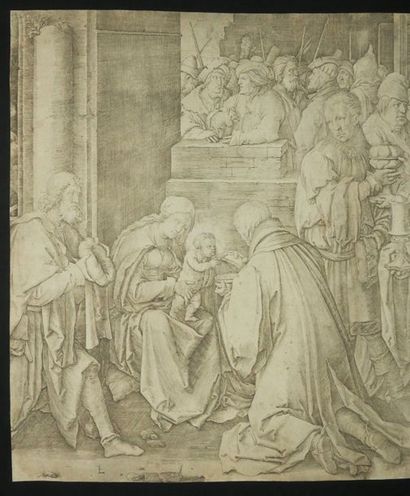 null LEYDEN Lucas van (Leyde 1494 † 1533) - "L'Adoration des Mages". 1513. Burin...