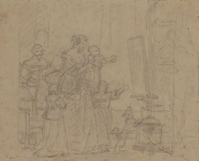 Attribué à Théophile FRAGONARD (Paris 1806-1876) Le peintre et sa famille devant...