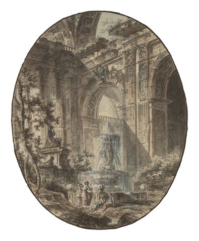  Jean Henri PERNET (Paris 1763 - ?) Une paire de ruines animées Plume et encre brune,...