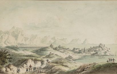  Claude-Louis CHATELET (Paris 1753-1794) Vue de la ville et du port de Termini Aquarelle,...