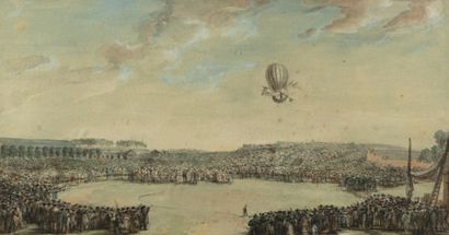  Ecole française de la fin du XVIIIème siècle L’envol de la montgolfière Aquarelle...