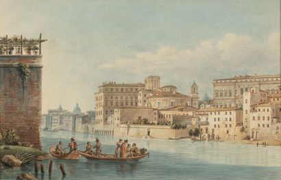  Victor-Jean NICOLLE (Paris 1754-1826) Promenade en barque sur le Tibre au loin Saint...