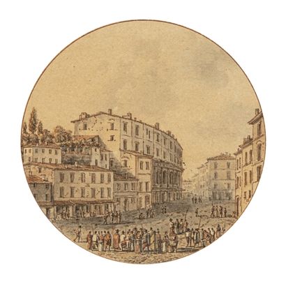  Victor-Jean NICOLLE (Paris 1754-1826) Vue de la place des Montagnons Aquarelle,...