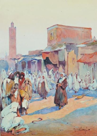 Marius Hubert ROBERT (1885-XXe siècle) La place Djemaa el Fna à Marrakech Aquarelle... Gazette Drouot