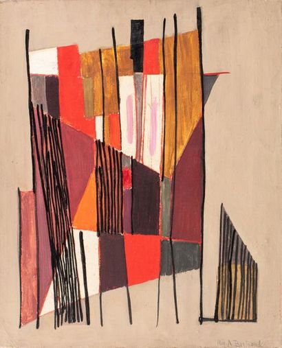  Huguette ARTHUR-BERTRAND (1922-2005) 
Composition 
Huile sur toile signée en bas... Gazette Drouot