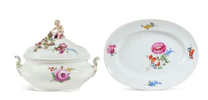  Germany, MEISSEN Covered oval terrine and a display. Polychrome decoration of flowers....