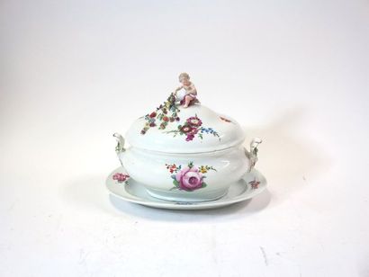  Germany, MEISSEN Covered oval terrine and a display. Polychrome decoration of flowers....