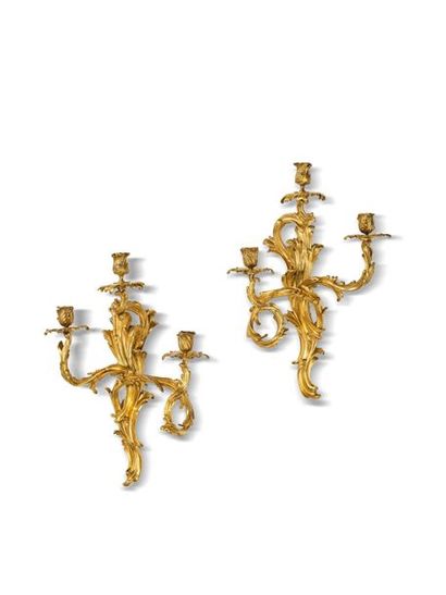 Pair of gilt bronze rocaille sconces with...