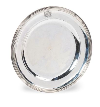 Round silver platter, with moulded border,...