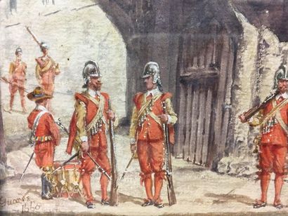  Italian School XIX th century 
Foot soldiers posted at the entrance of a city 
Watercolour...