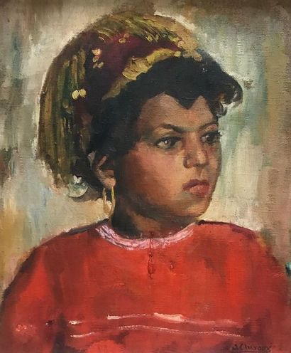  J. CHEVAUX - Orientalist school mid XXth century 
Portrait of a young Berber 
Oil...