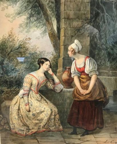  Romantic French school, end of the XIXth century 
A dreamy girl with her maidservant...