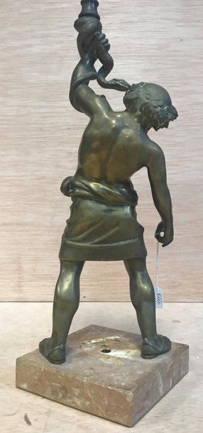  Silène 
Bronze lamp base depicting Silenus crowned with vine branches brandishing...