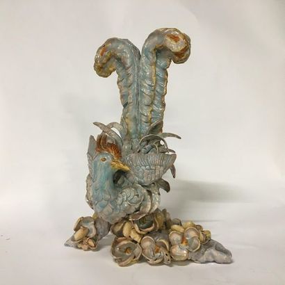 Polychrome glazed ceramic cockerel, represented...