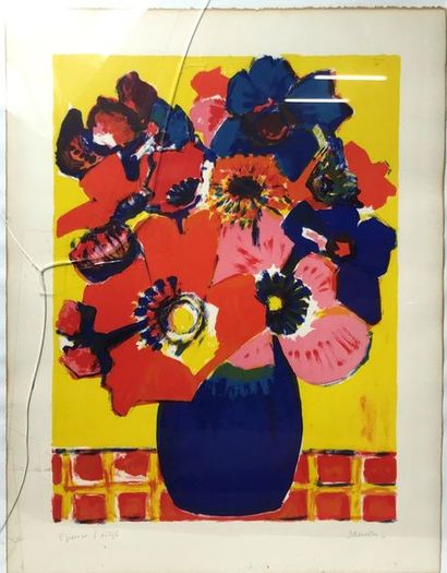  Hubert DAMON (Né en 1935) Bouquet de fleurs sur fond jaune Lithographie Signée en...