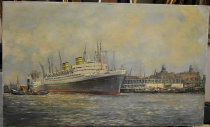  Ecole NEERLANDAISE du XX ème siècle Le SS Nieuw Amsterdam à quai, c.1950 Huile sur...