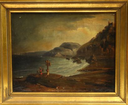  French school, late 19th century 
Romantic scene of martyrdom near a cliff 
Oil...