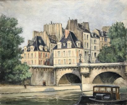 GEORGES RAOUL Deux tableaux 
Le Pont Neuf 
Notre Dame de Paris 
46 x 55 cm 
Huile...