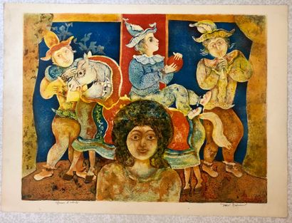 Sakti BURMAN (Né en 1935) Femme, musicien, cavalier 
Lithographie en couleurs 
56...