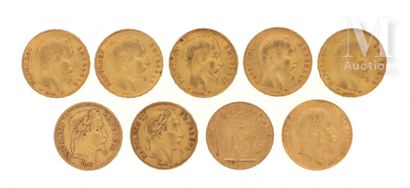 Neuf pièces or Neuf pièces en or : 
- 5 x 20 FF Napoléon III tête nue (1856 A, 1857...