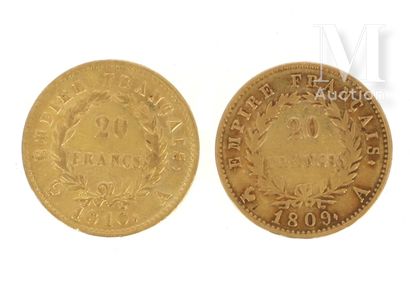 Deux pièces 20 FF or Deux pièces en or de 20 FF Napoléon Empereur 
1809 A et 1810...