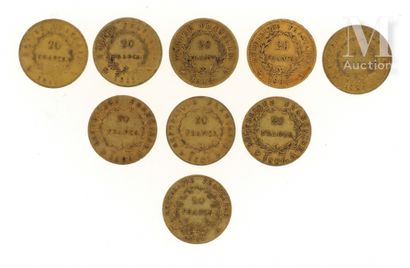 Neuf pièces 20 FF or Neuf pièces en or de 20 FF Napoléon Empereur : 
- 4 x 20 FF...